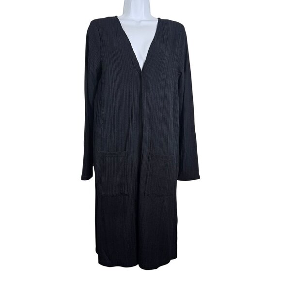 Womens Black Longline Open Front Cardigan Ribbed Texture & Pockets Size M Casual - Picture 2 of 11